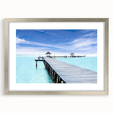 Textured abstract art print of Cancun scenery in silver frame, using vibrant blue and green hues, ideal for bedroom art.