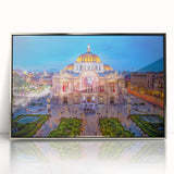 Mid-century modernist art depicting Mexico City in vibrant colors on a silver-framed acrylic print.