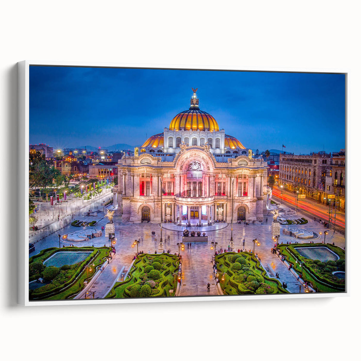 Vintage poster art of Mexico City on a framed canvas, featuring colorful artwork against a black background.