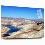 Large abstract wall art depicting a Middle Eastern scenery in muted earth tones on acrylic glass.