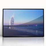 Large abstract wall art depicting Dubai skyline in muted gray tones on a framed acrylic.