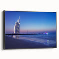 Black and white framed canvas of Dubai skyline, featuring vintage poster art style, ideal for bedroom wall decor.