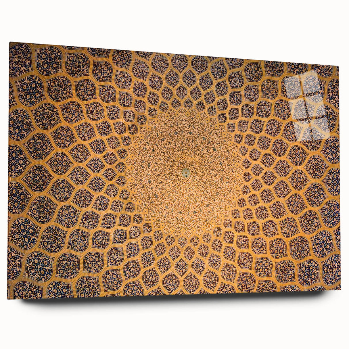 Large abstract wall art depicting a Middle Eastern scenery in muted earth tones on acrylic glass.