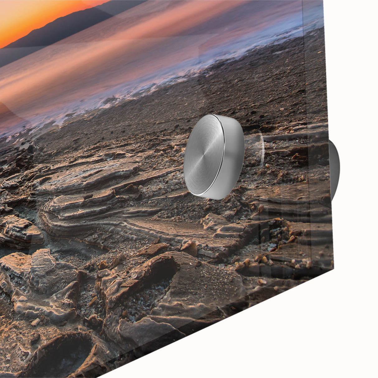Large abstract wall art of the Dead Sea in muted blue and beige tones on acrylic glass, suitable for dining room ambiance.