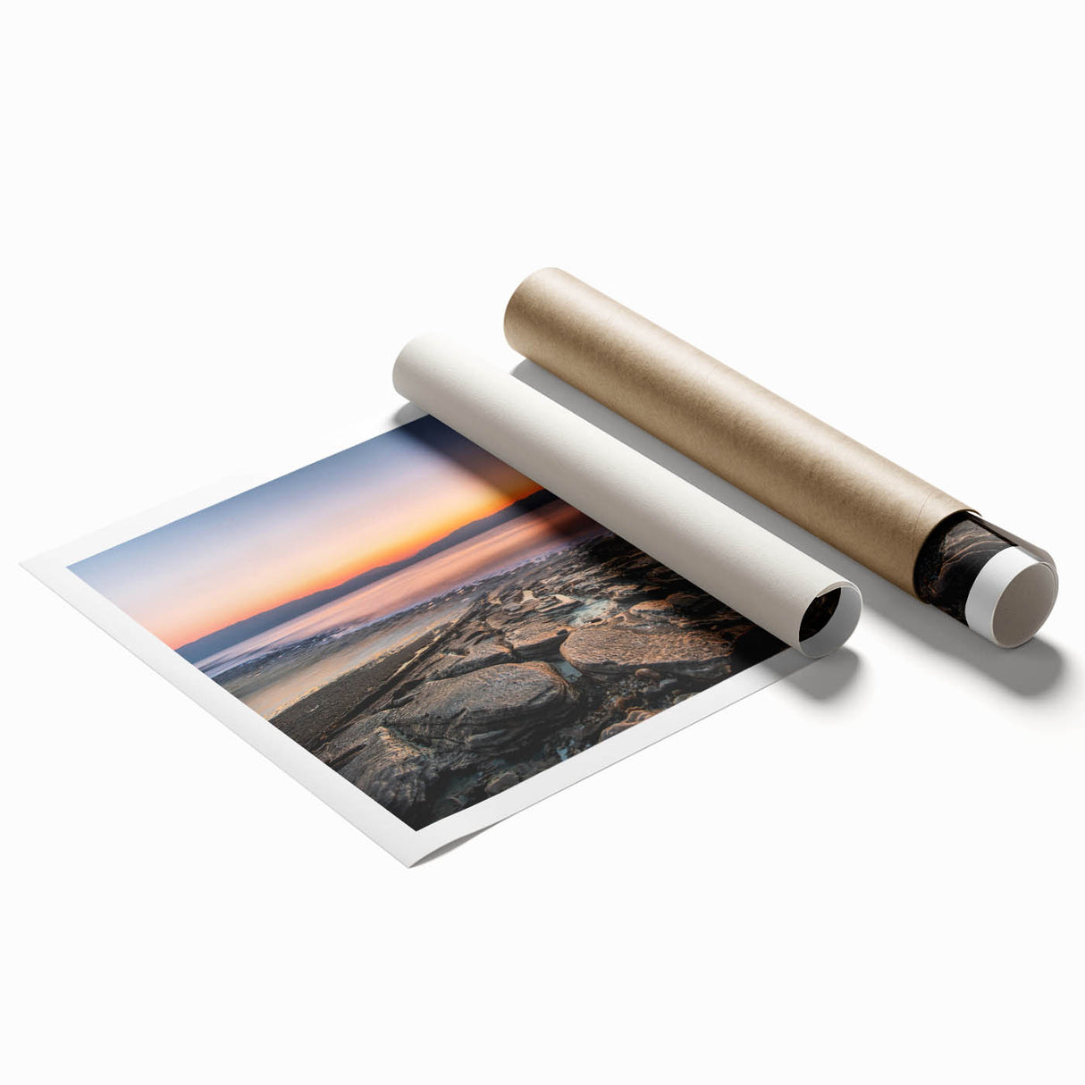 Rolled print of the Dead Sea with soft blue and beige tones, ideal for classy bathroom wall art.