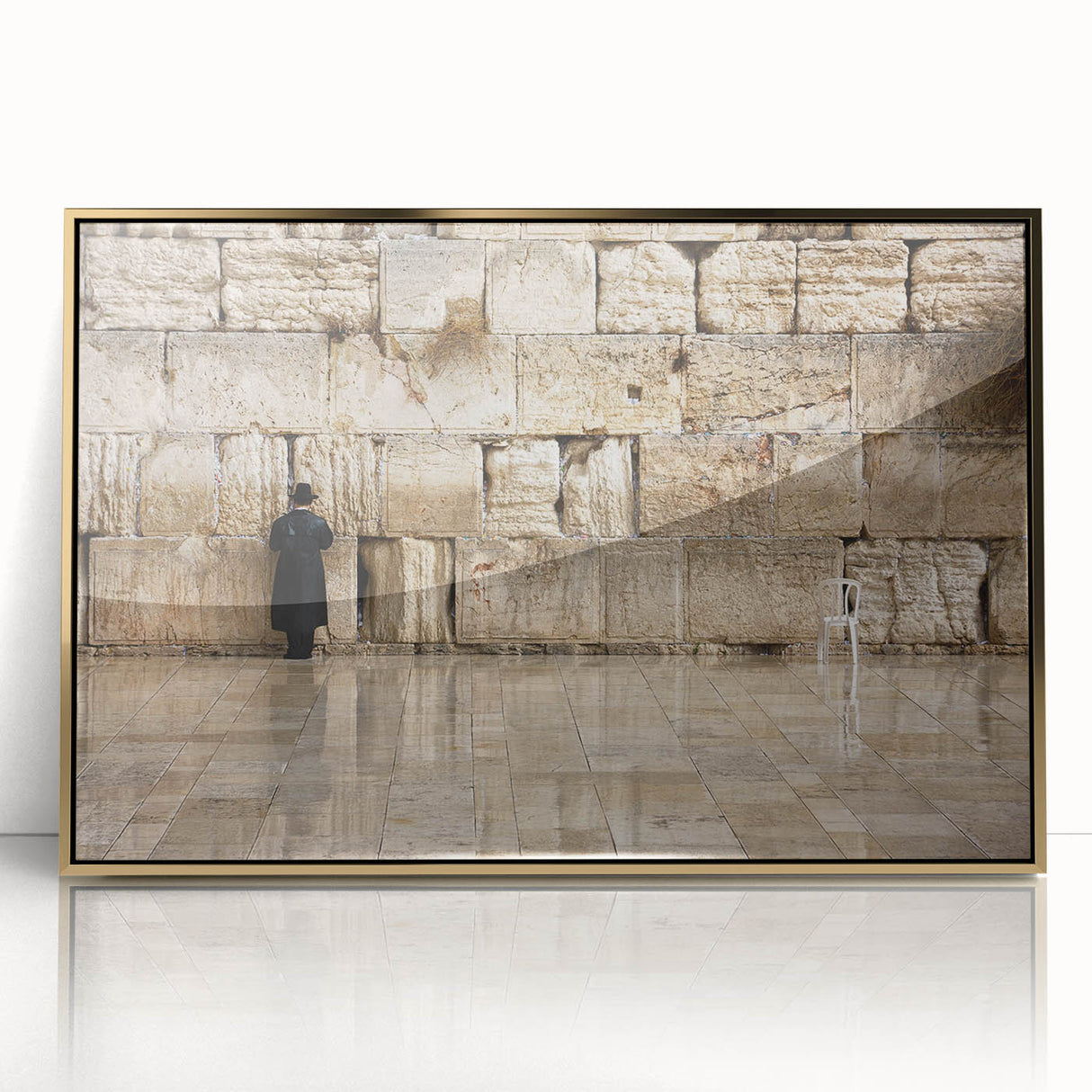 Large art print of Jerusalem skyline in gold and blue tones on framed acrylic, suitable for modern art wall decor.