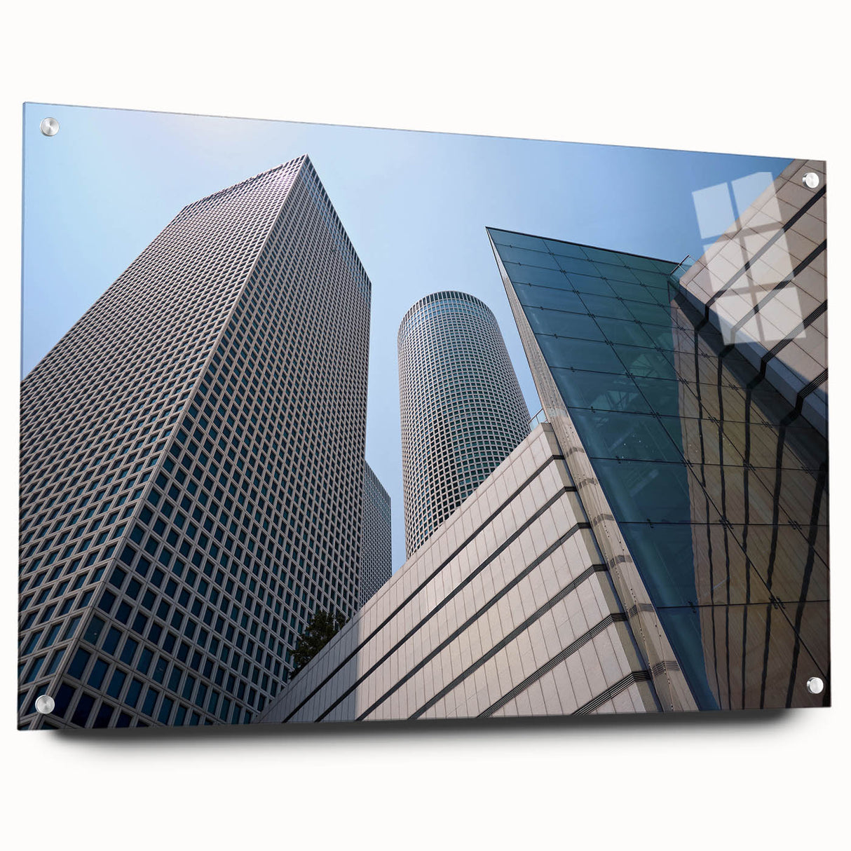 Acrylic print of Tel Aviv skyline in muted earth tones, ideal for dining room decor.