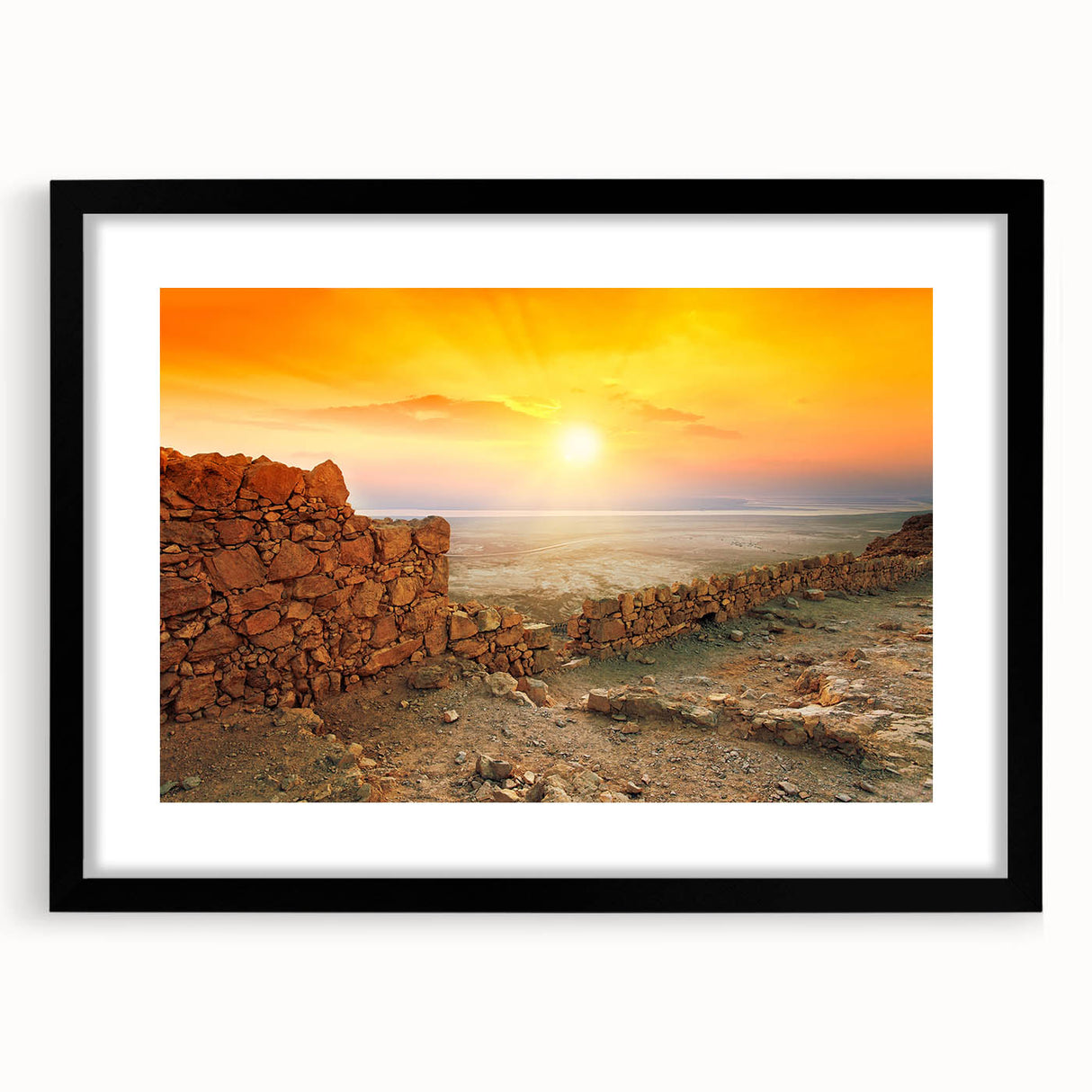 Extra large abstract art print of a Middle Eastern landscape in vibrant colors on a textured canvas, framed in black.