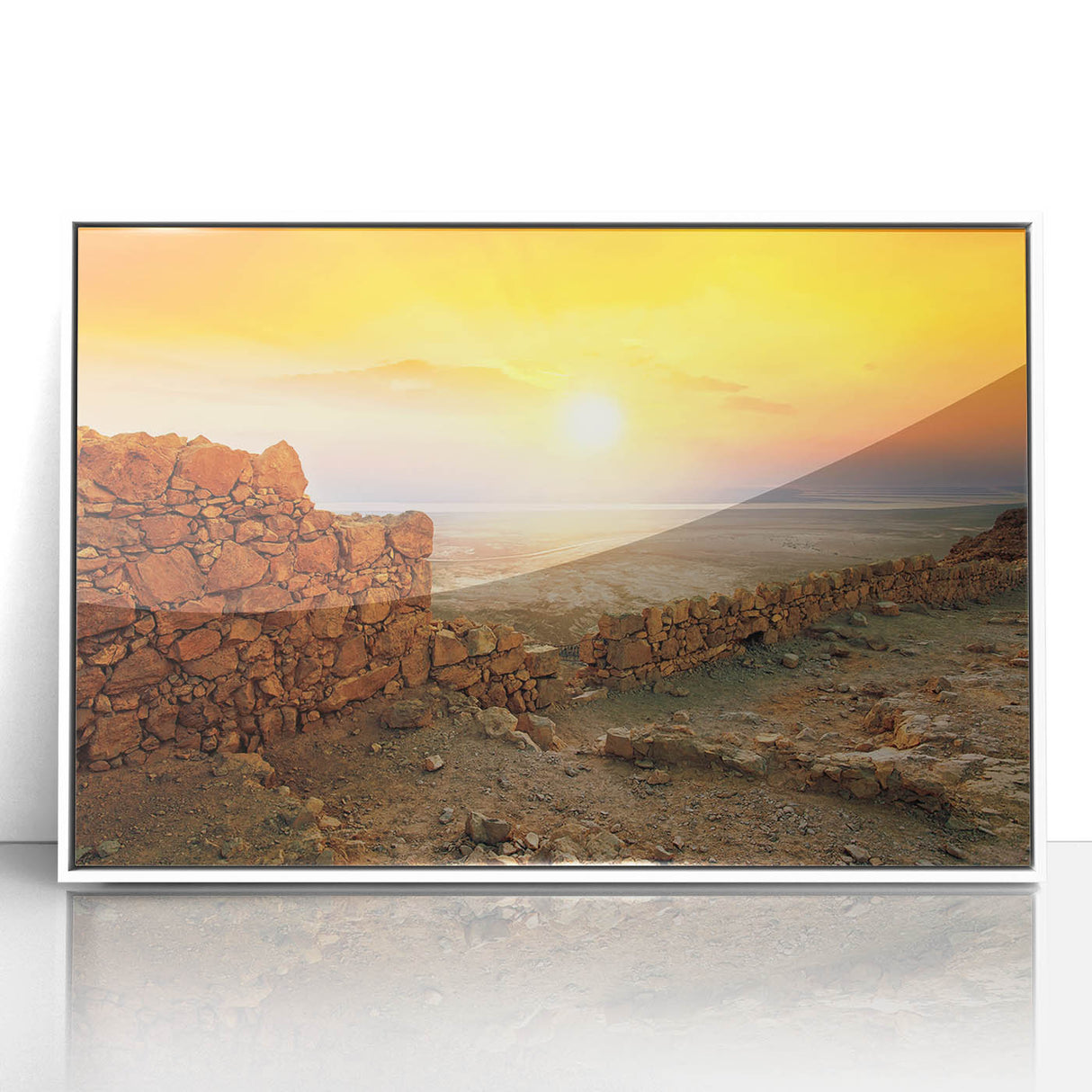 Art deco poster of Middle Eastern scenery in muted earth tones on framed acrylic, ideal for modern art wall decor.