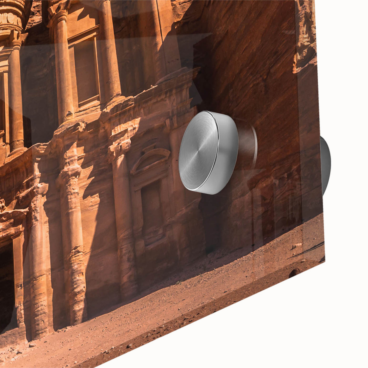 Large abstract wall art of a Jordanian landscape in muted earth tones on acrylic glass, ideal for dining room ambiance.