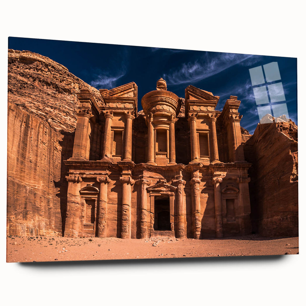 Acrylic print of a large abstract Jordanian landscape in earth tones, ideal for bedroom or dining room art.