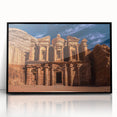 Large abstract wall art depicting a desert in Jordan, with mid-century modernist style, framed in black acrylic.
