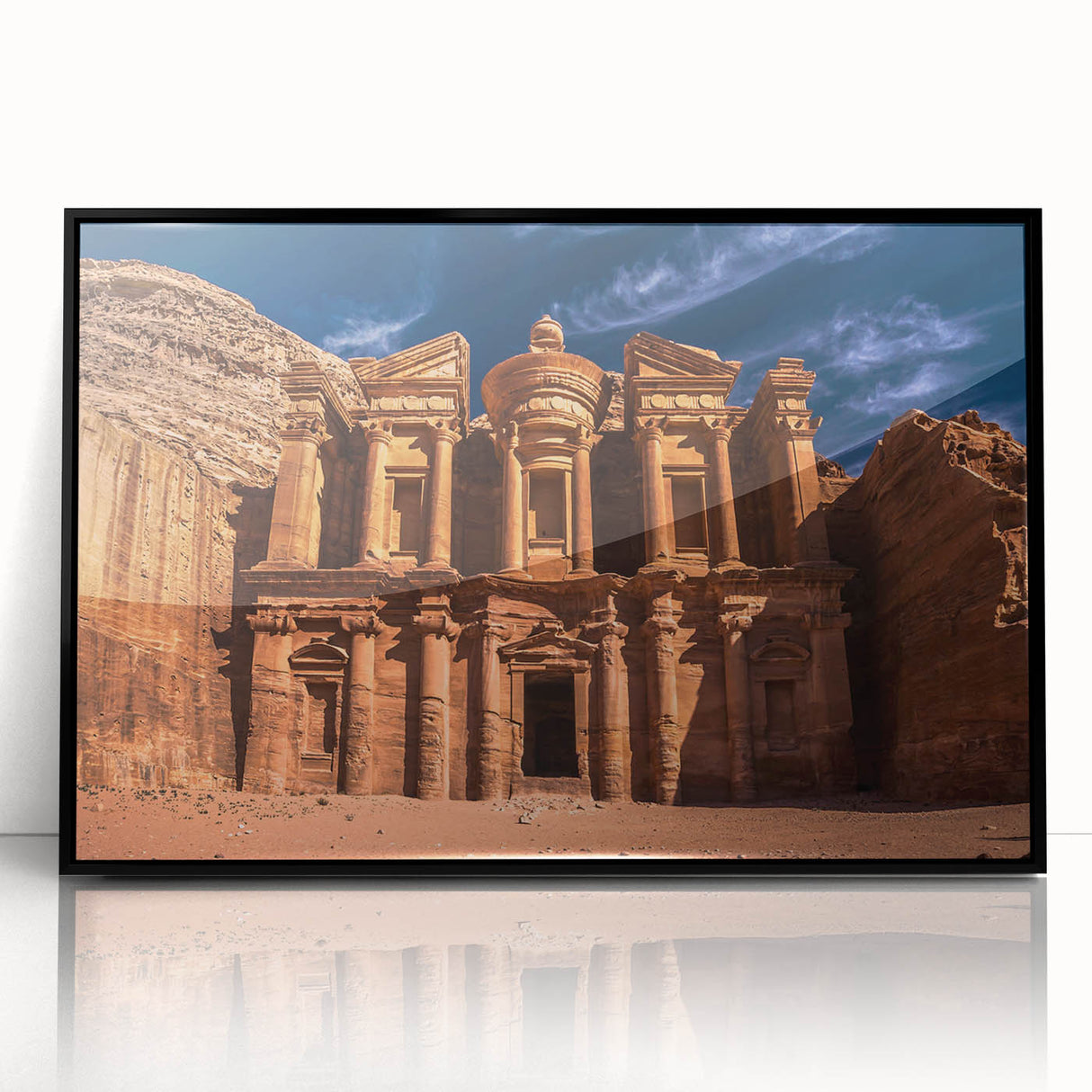 Large abstract wall art depicting a desert in Jordan, with mid-century modernist style, framed in black acrylic.