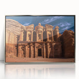 Mid-century modernist art depicting Jordan scenery in muted earth tones on a silver-framed acrylic print.