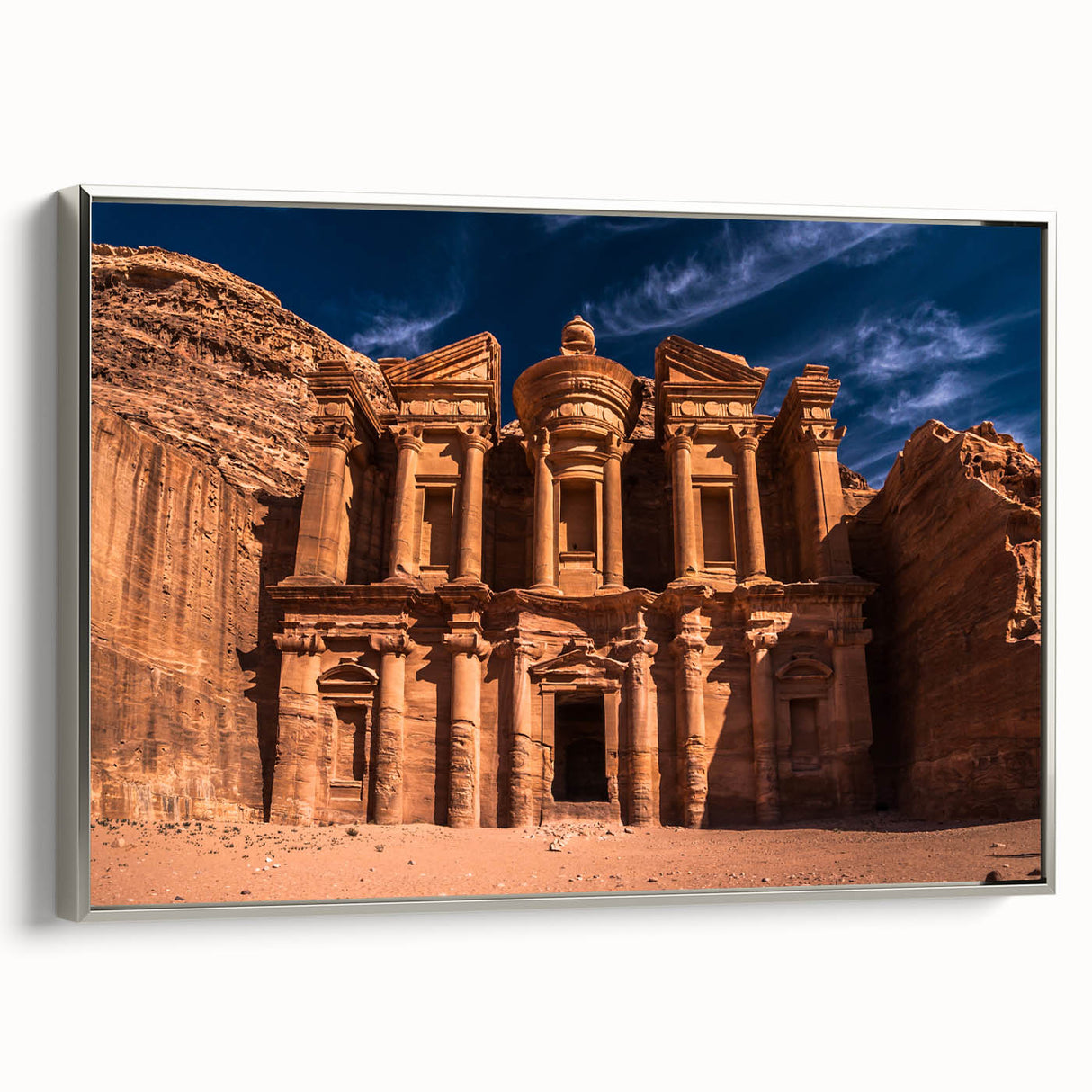 Framed canvas landscape art painting of a Middle Eastern desert scene in vibrant sunset colors, ideal for living room decor.