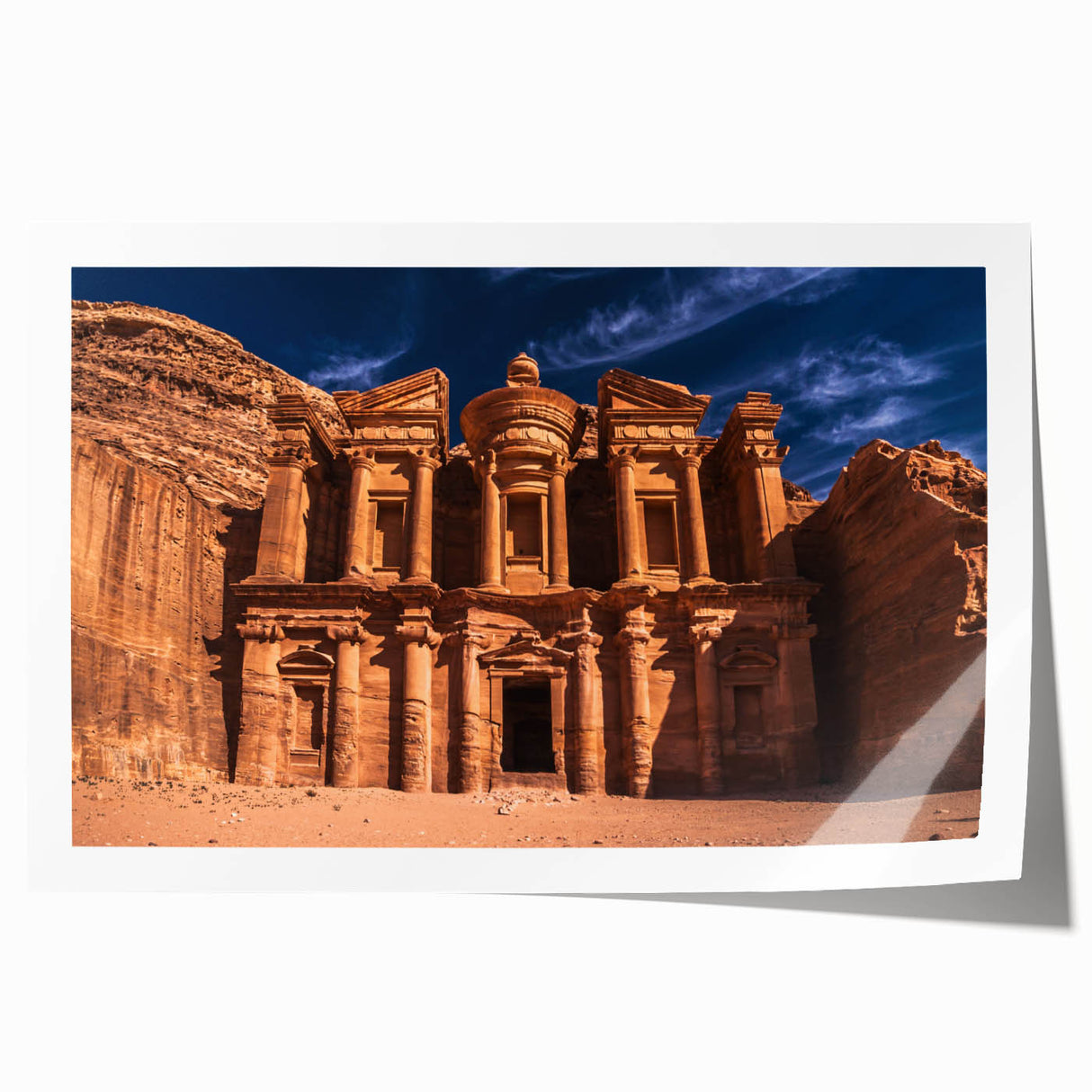 Extra large rolled print of a Jordanian landscape with vibrant, earthy tones, ideal for dining room decor.