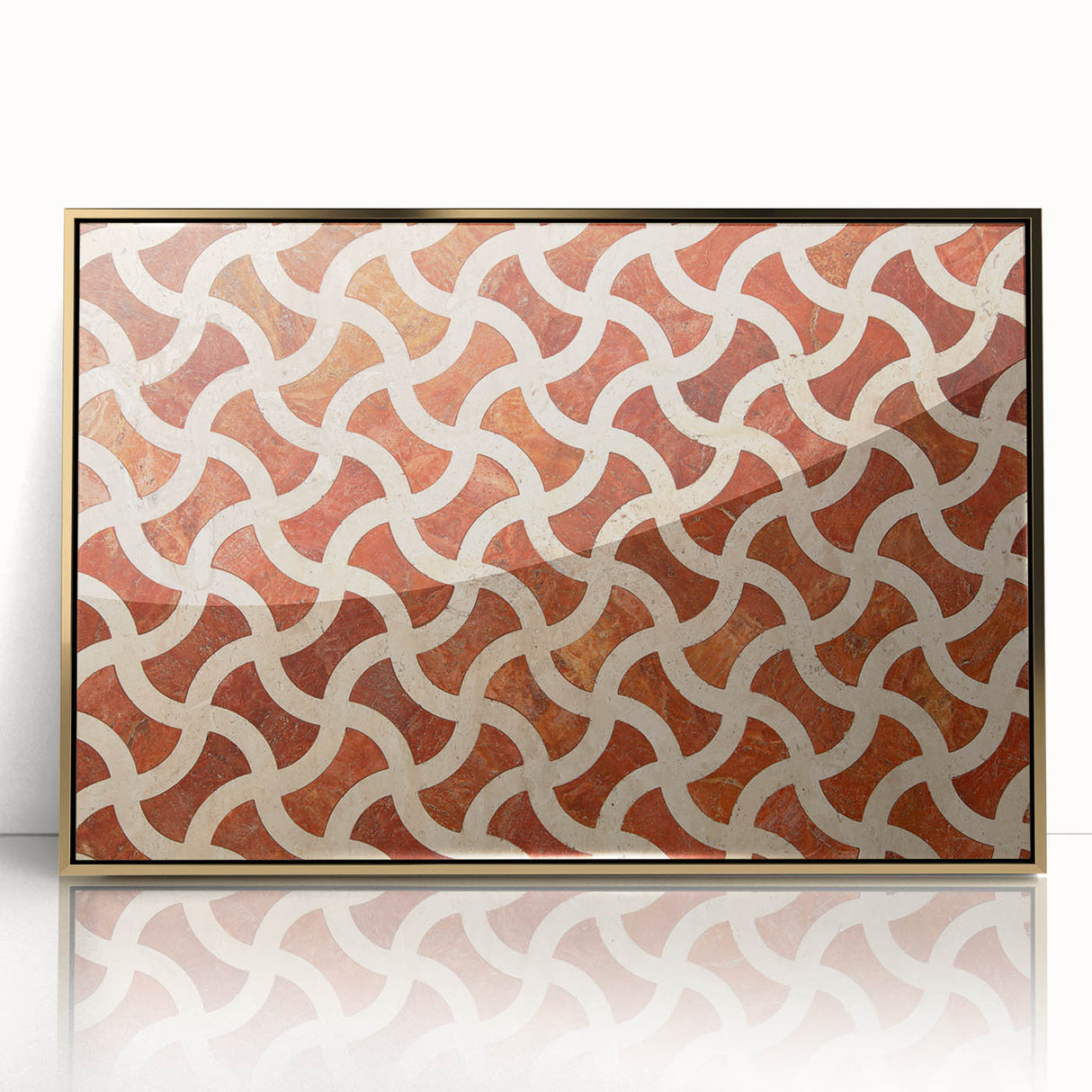 Mid-century modernist acrylic print of Qatar scenery in gold tones, ideal for modern art wall decor.