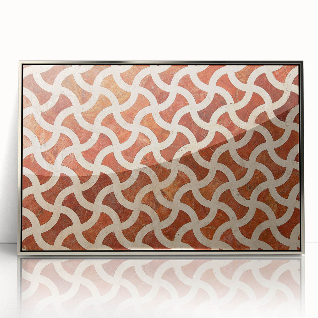 Mid-century modernist art depicting the Qatar skyline, rendered in muted silver and blue tones on a framed acrylic panel.
