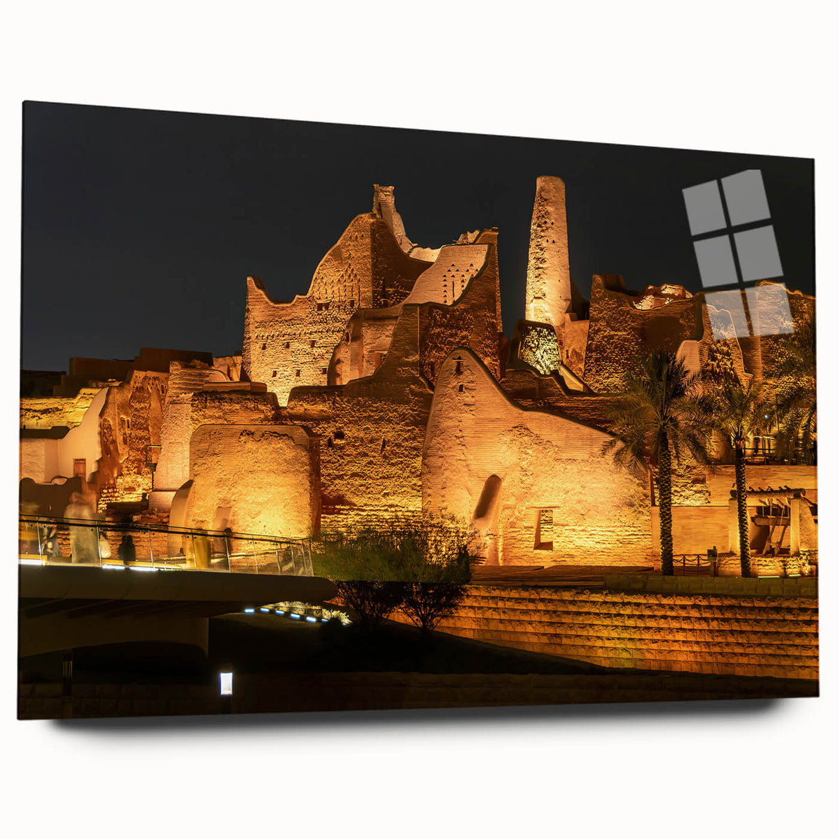 Large abstract wall art on acrylic glass depicting a Middle Eastern scenery in muted earth tones.