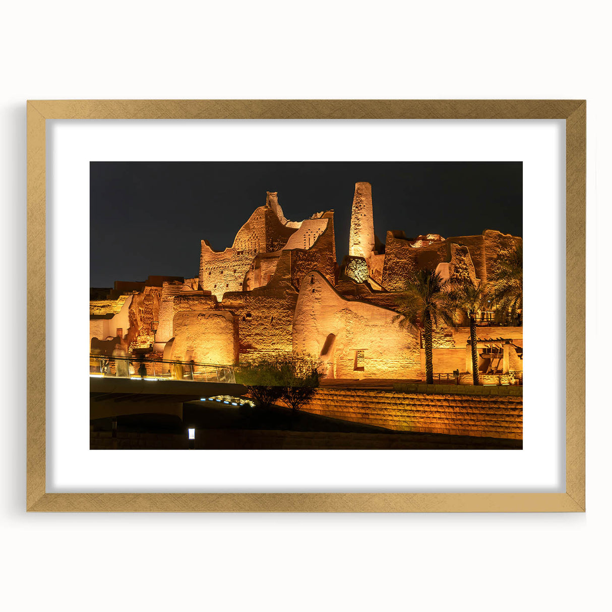 Extra large wall art featuring abstract textured art prints of a Saudi Arabian scenery in gold frame.