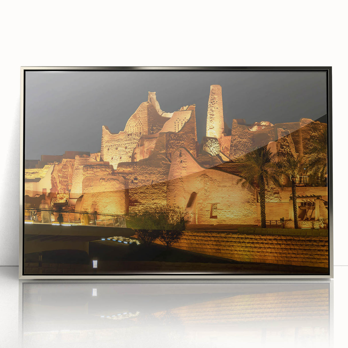 Mid-century modernist art depicting a Saudi Arabian landscape in muted earth tones on a framed acrylic print.