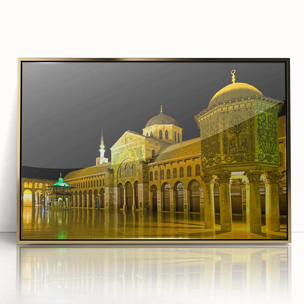 Large art print depicting a Syrian landscape, framed in gold acrylic, featuring mid-century modernist style and earthy tones.