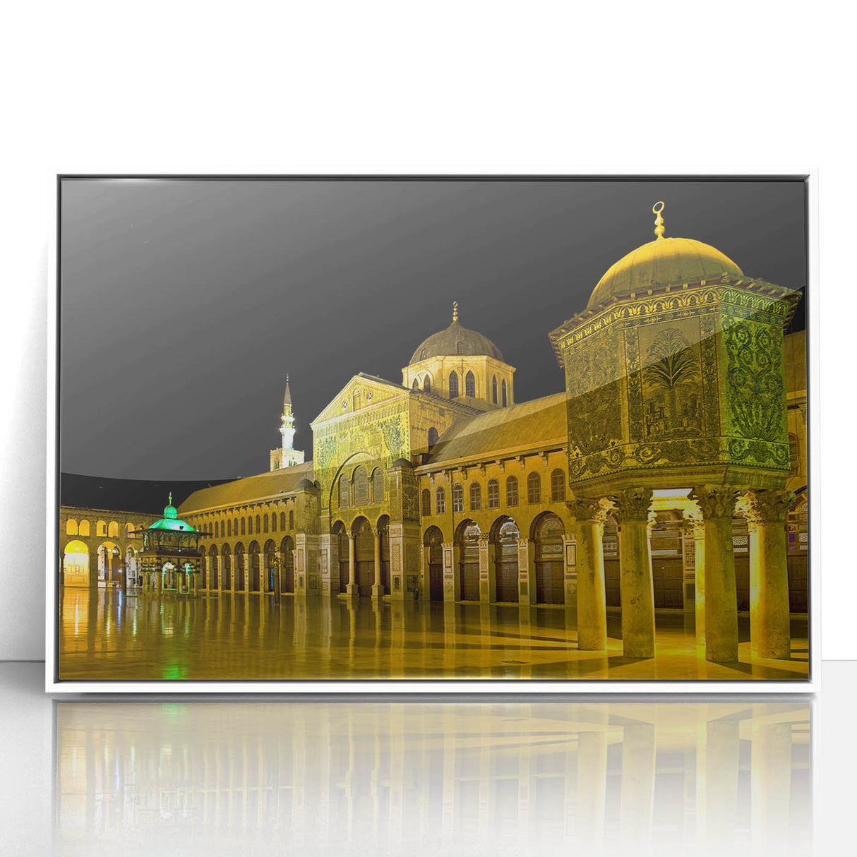 Art deco poster of a stylized Middle Eastern landscape in muted earth tones, framed in white acrylic.