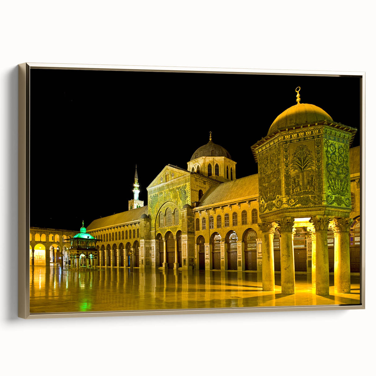 Framed canvas of a vintage Syrian landscape in muted gold and black tones, ideal for bedroom wall art.