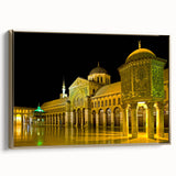 Framed canvas of a vintage Syrian landscape in muted gold and black tones, ideal for bedroom wall art.