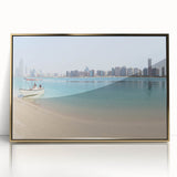 Mid-century modernist styled acrylic print of Abu Dhabi scenery in gold tones, ideal for modern art wall decor.