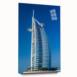 Side view of a large acrylic glass print featuring the Burj Al Arab with soft blue and white tones.