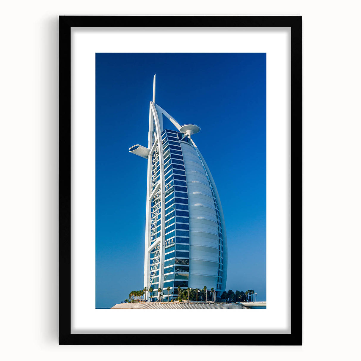 Colorful abstract art print of Burj Al Arab with vibrant hues on textured canvas, ideal for living room decor.