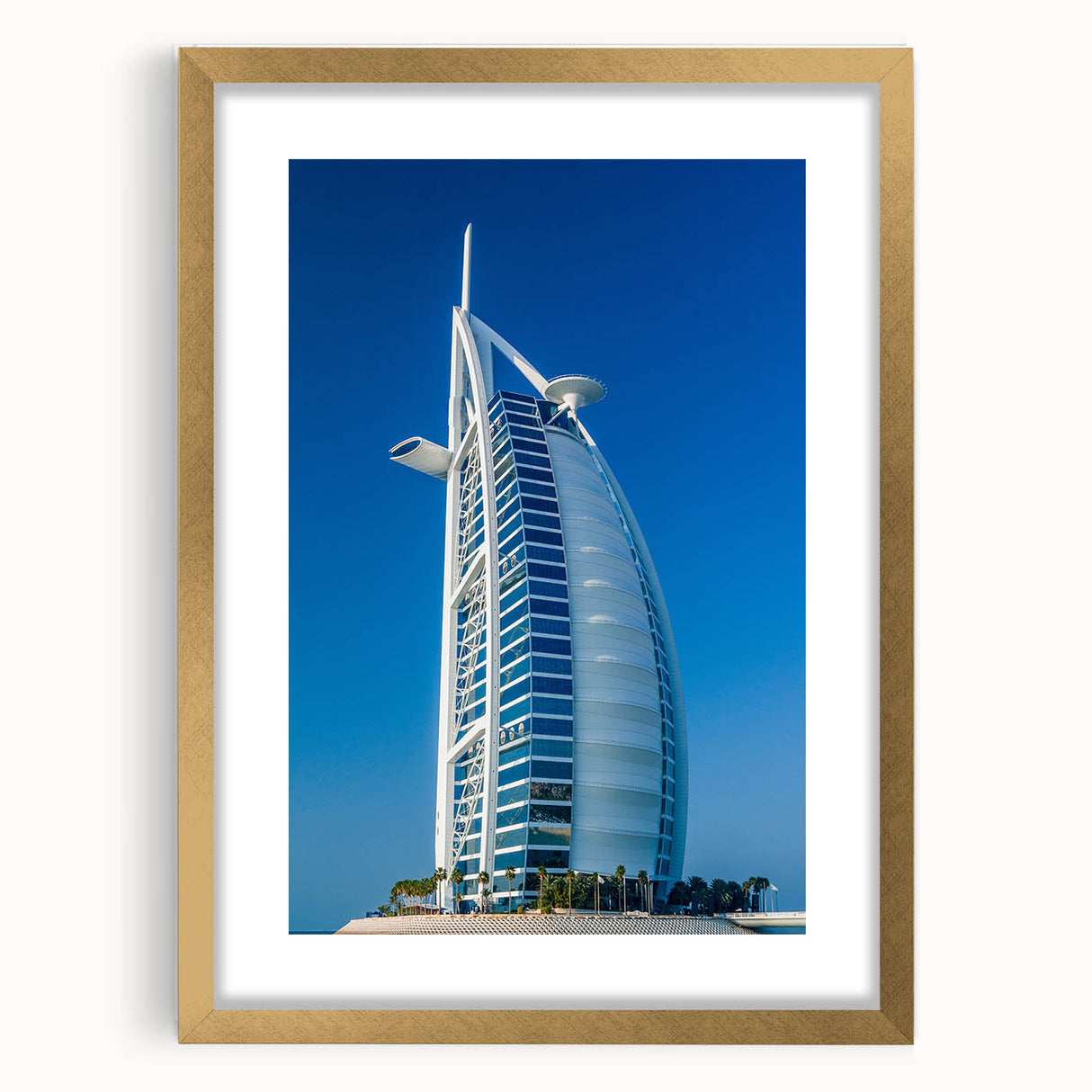 Extra large abstract art print featuring the Burj Al Arab in muted gold and blue tones on a textured canvas.