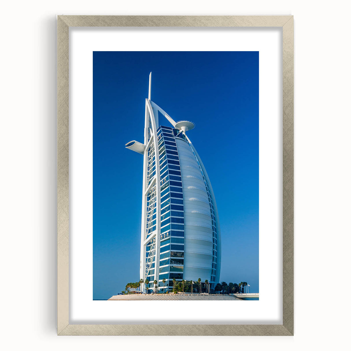 Textured art of the Burj Al Arab in abstract style with silver frame, ideal for bedroom art.