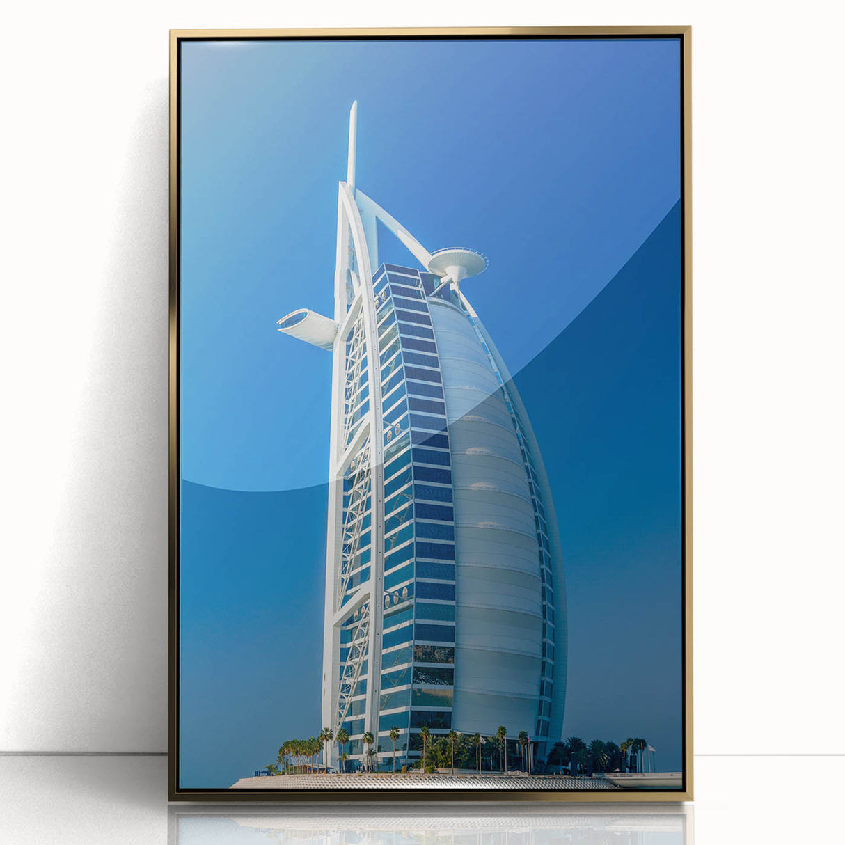 Framed acrylic print of Burj Al Arab with golden hues, ideal for modern art wall decor.