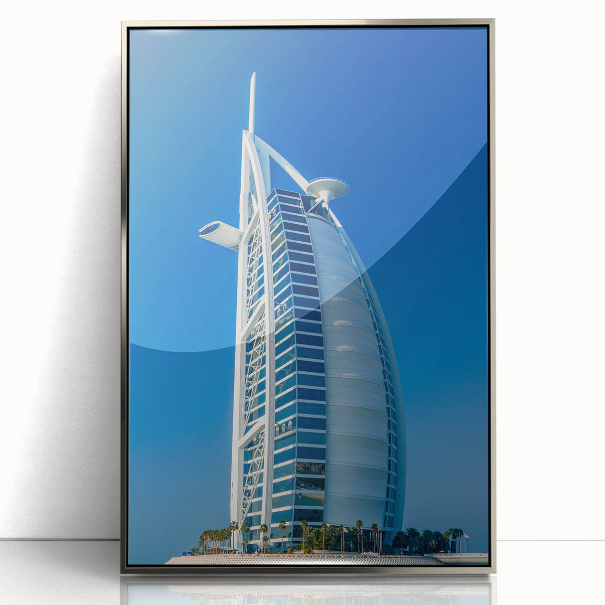 Mid-century modernist art of Burj Khalifa in acrylic, featuring silver frame, ideal for modern art wall decor.