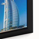 Extra large framed canvas of the Burj Al Arab in textured black with colorful accents, ideal for living room decor.