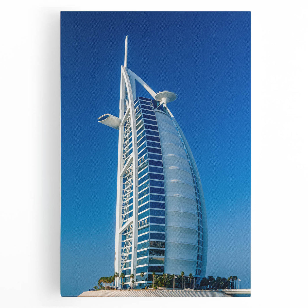 Black and white photograph of the Burj Al Arab on stretched canvas, suited for kitchen wall art.