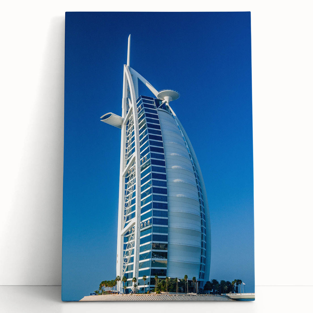 Black and white print of Burj Al Arab on stretched canvas, suited for kitchen wall art or bedroom decor.