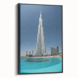 Black and white wall art of the Burj Khalifa, framed canvas in a vintage poster style, ideal for bedroom decor.