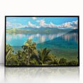 Large abstract wall art depicting an oceanic Fiji landscape in vibrant blues and greens, framed in black acrylic.