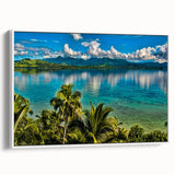 Vintage poster art of a Fijian landscape on framed canvas, featuring vibrant colors, ideal for living room decor.