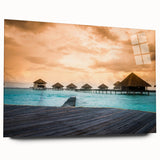 Acrylic print of a serene Bora Bora landscape, with muted blue and green tones, ideal for bedroom or dining room art.
