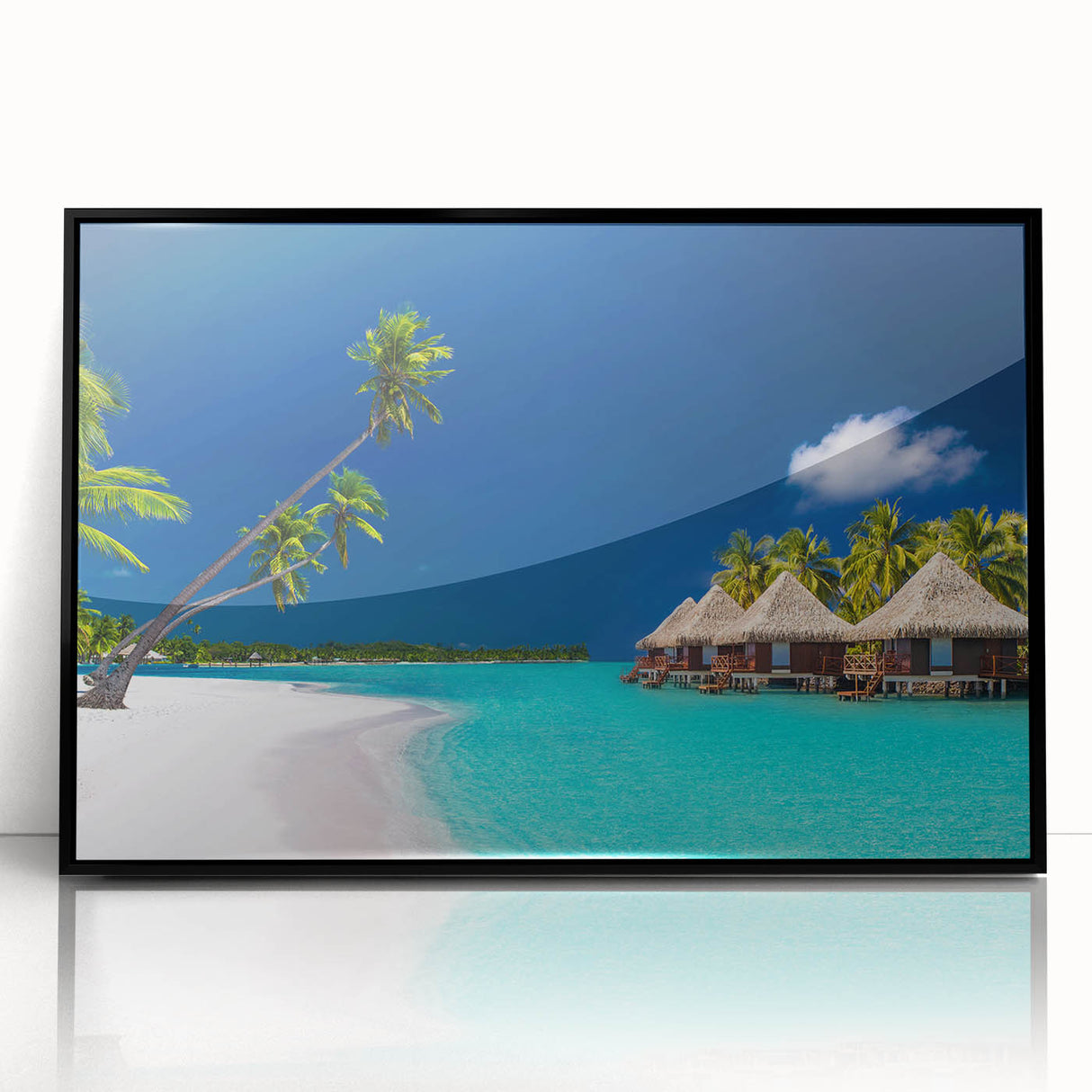 Large abstract wall art depicting Tahiti's oceanic scenery in muted blue and green tones on framed acrylic.