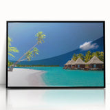 Large abstract wall art depicting Tahiti's oceanic scenery in muted blue and green tones on framed acrylic.