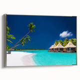 Vintage poster art of Tahitian scenery in vibrant colors on a large framed canvas, ideal for living room decor.