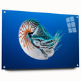 Large abstract wall art depicting an oceanic scene in blue and green tones on acrylic glass.