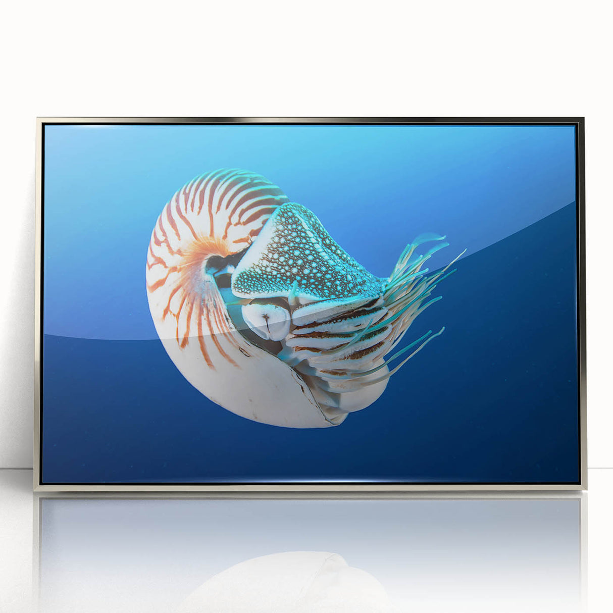 Mid-century modernist art depicting a serene Micronesian ocean view in cool blue tones, framed in silver acrylic.