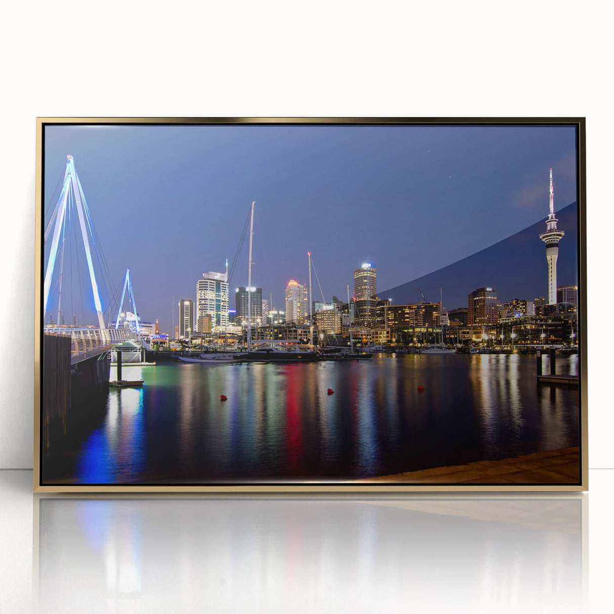 Art deco poster of Auckland skyline in pastel shades on framed acrylic, suitable for modern art wall decor.