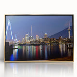 Art deco poster of Auckland skyline in pastel shades on framed acrylic, suitable for modern art wall decor.
